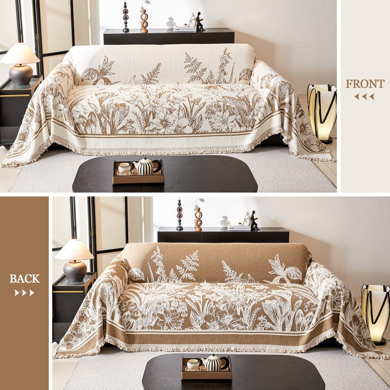 DREAMINGO Floral Sofa Cover for 3 Cushion Couch Thick Plush Furniture Cover 71x134 Inch Vintage Jacquard Tassel Sofa Slipcover for Living Room Farmhouse Sectional Couch Protector Washable, Khaki - Image 2