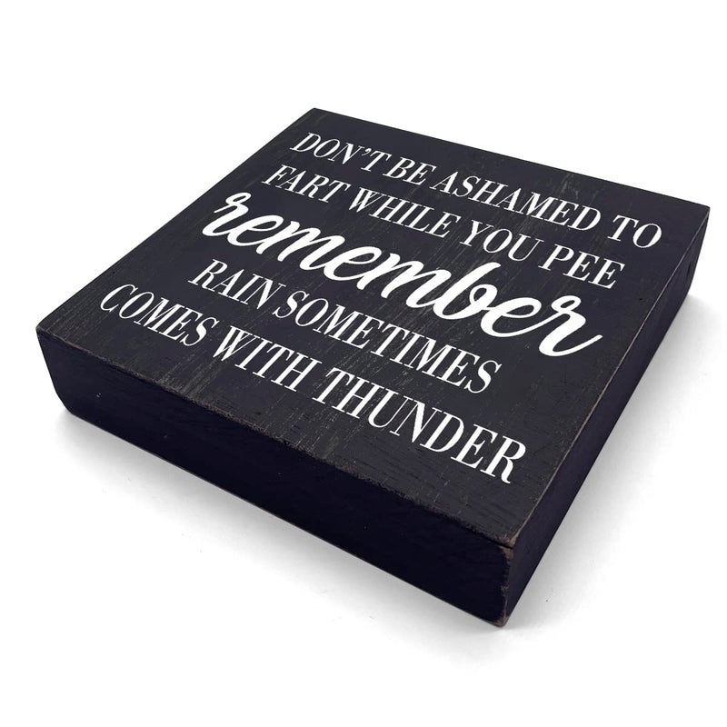 HTBIG Funny Bathroom Decor Desk Decor Wooden Box Sign Rustic Black Wood Block Plaque Box Sign for Home Farmhouse Bar Toilet Washroom Shelf Table Decoration Don't be Ashamed to Fart While Peeing Sign - Image 2