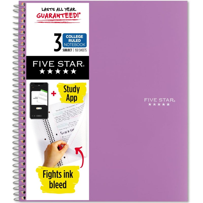 Five Star Spiral Notebook Study App 3 Subject College Ruled Paper 812 x 11 150 Sheets Fights Ink Bleed Water Resistant Cover Amethyst Purple 38746