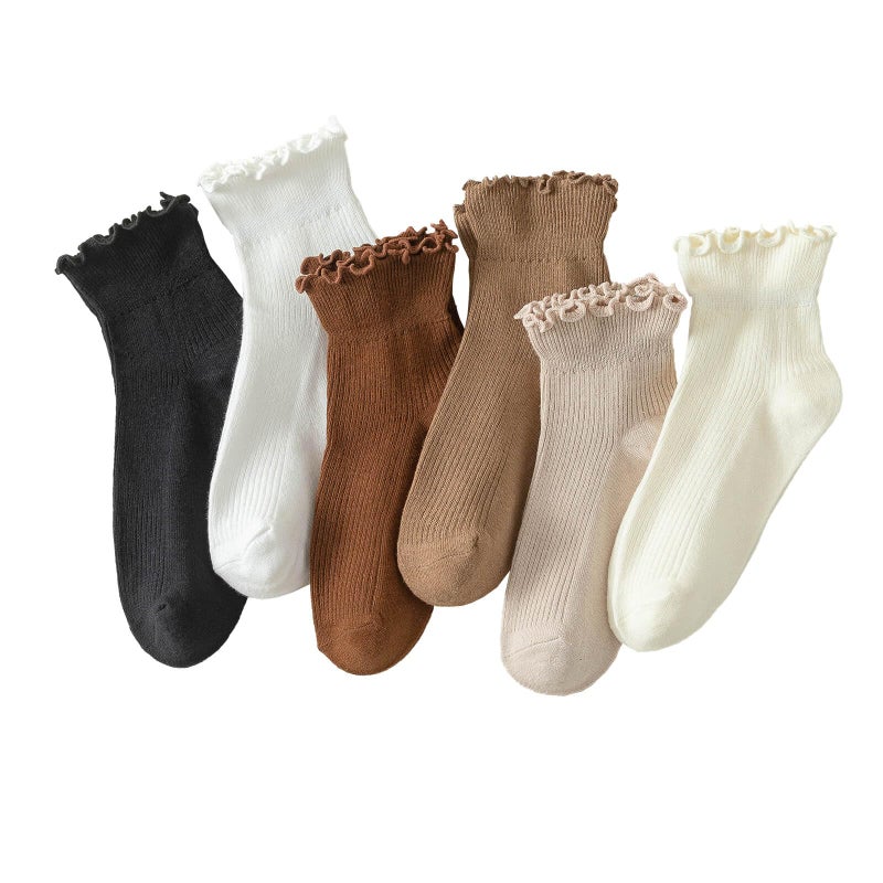 Hstyle Ruffle Socks Women, Turn-Cuff Casual Cute Ruffle Ankle Socks 6 Pairs Mixed Color - Image 1