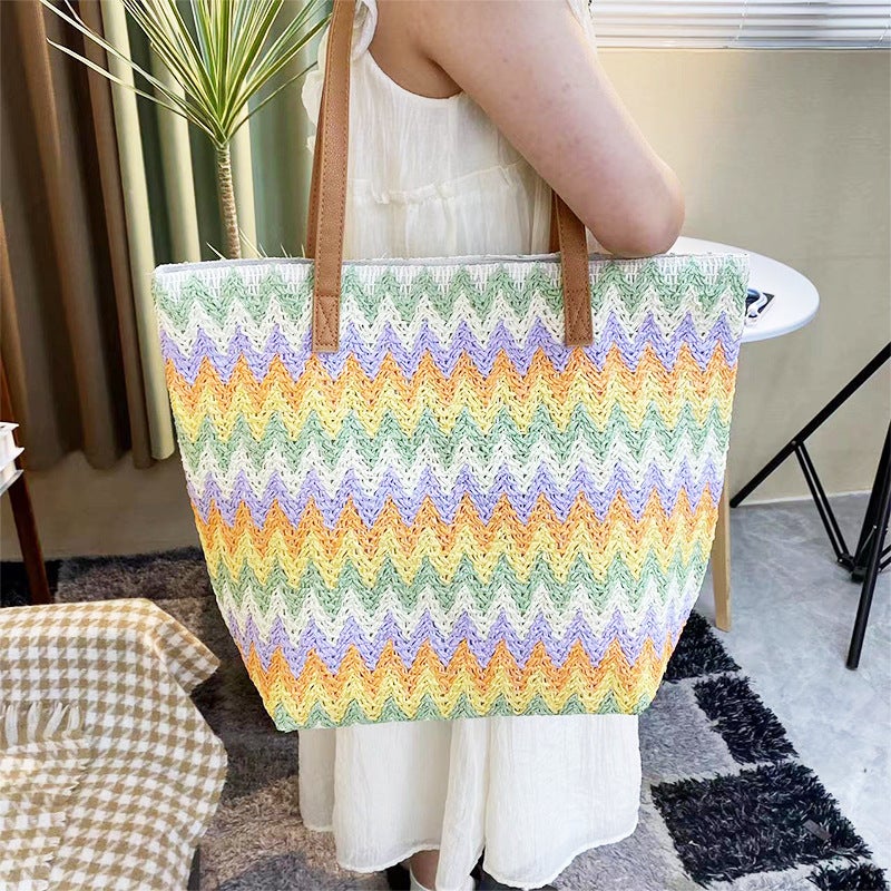 New Large Capacity Handmade Wave Striped Straw Bag Holiday Travel Handbag Shopping Commuting Seaside Wear Bag