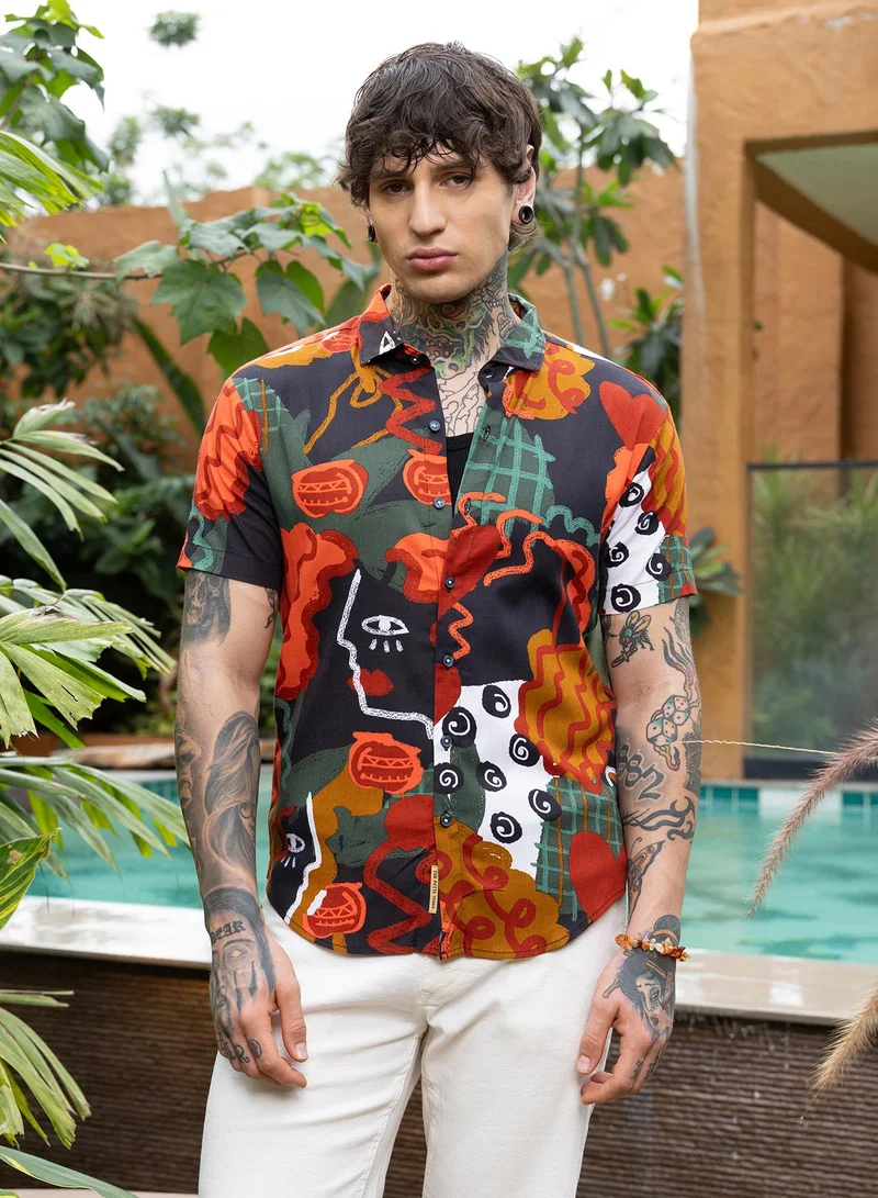 كامبوس سوترا Campus Sutra Men Artistic Romance Shirt | Spread Collar Short Regular Sleeves | Button Closure Curved Hem | Abstract Print Plain | Woven Fabric For Casual & Daily Wear | Scarlet Red