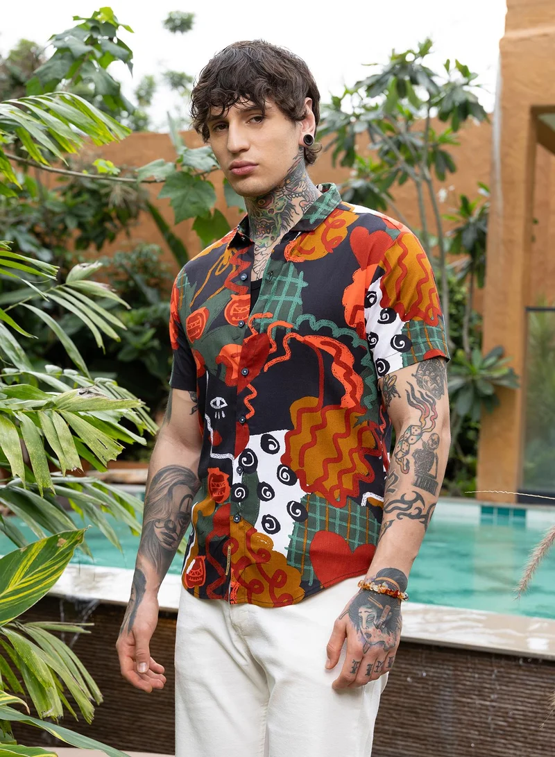 Campus Sutra Campus Sutra Men Artistic Romance Shirt | Spread Collar Short Regular Sleeves | Button Closure Curved Hem | Abstract Print Plain | Woven Fabric For Casual & Daily Wear | Scarlet Red