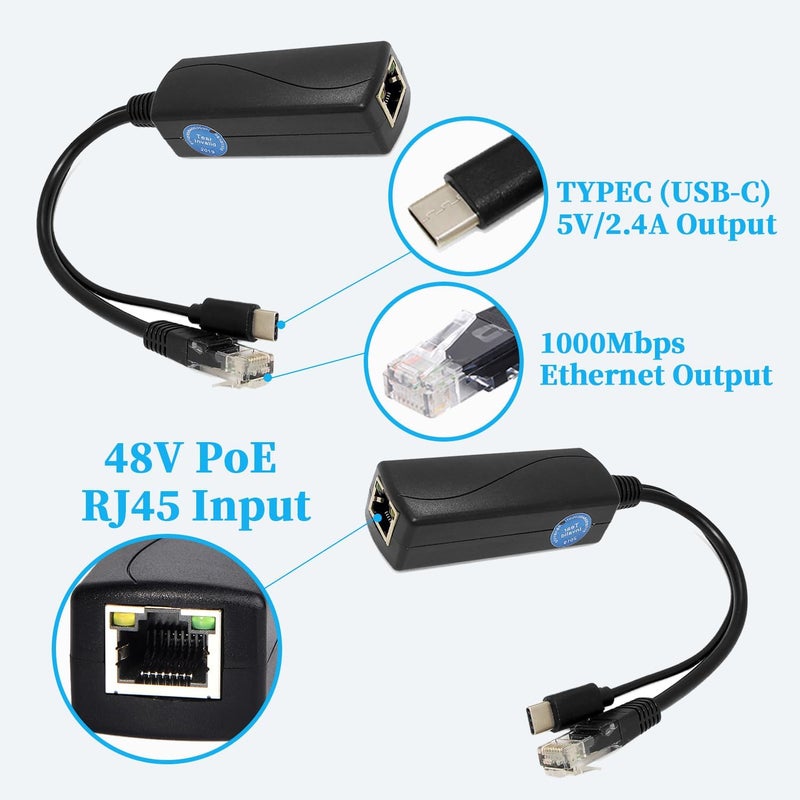 REVODATA Type C Port PoE Splitter Gigabit 5V/2.4A, PoE to USB-C 5V/2.4A Output, 1000Mbps Gigabit Ethernet Compatible with IEEE802.3af/at, Plug and Play - Image 2