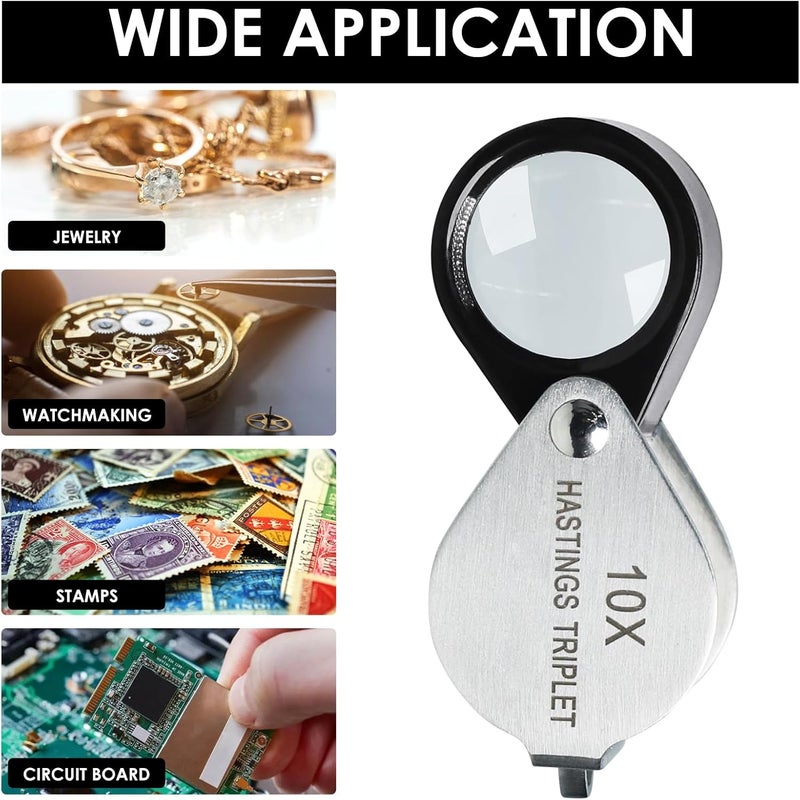 DANOPLUS Jewelers Loupe Magnifier 10x Hasting Triplet 16mm (0.63") Optical Glass Bright Clear Lens Stainless Steel Mini Foldable Loupe for Gems, Jewelry, Coins, Stamp, Watch Repair etc - Image 2