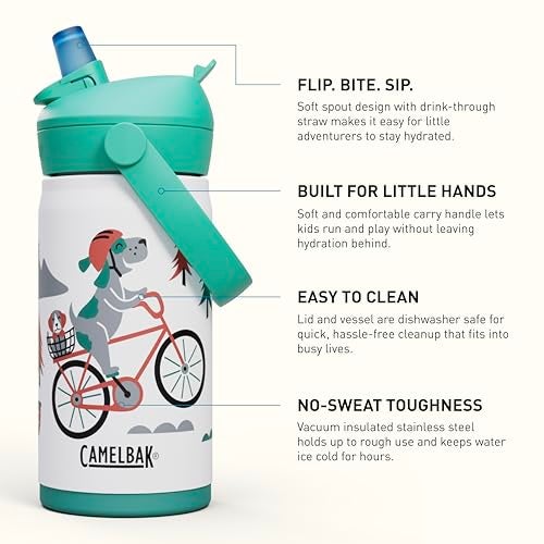 CamelBak Thrive Flip Straw Kids Bite Valve Stainless Steel Water Bottle Biking Dogs, 12oz - Image 2