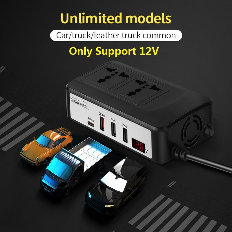 LOVNOV 200W Power Inverter, DC 12V to 220V 230V AC Car Charger Adapter, PD3.0 + QC 4.0 Fast Charging, 2 Universal Socket 2.4A USB Ports, Switch LCD Display - Image 5
