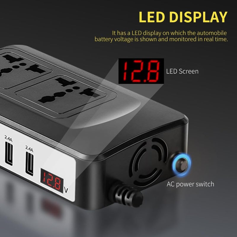 LOVNOV 200W Power Inverter, DC 12V to 220V 230V AC Car Charger Adapter, PD3.0 + QC 4.0 Fast Charging, 2 Universal Socket 2.4A USB Ports, Switch LCD Display - Image 3