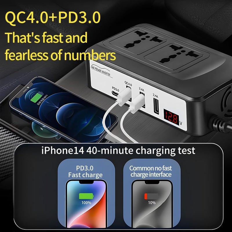 LOVNOV 200W Power Inverter, DC 12V to 220V 230V AC Car Charger Adapter, PD3.0 + QC 4.0 Fast Charging, 2 Universal Socket 2.4A USB Ports, Switch LCD Display - Image 4