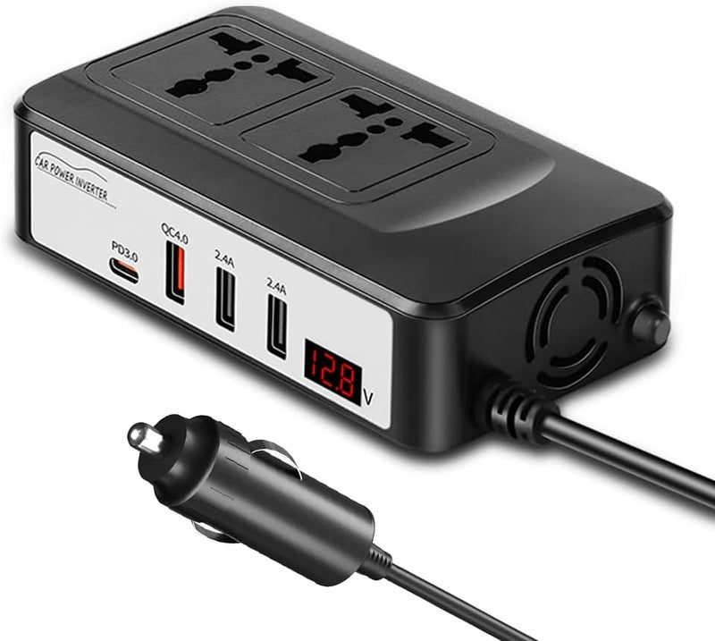 LOVNOV 200W Power Inverter, DC 12V to 220V 230V AC Car Charger Adapter, PD3.0 + QC 4.0 Fast Charging, 2 Universal Socket 2.4A USB Ports, Switch LCD Display - Image 1