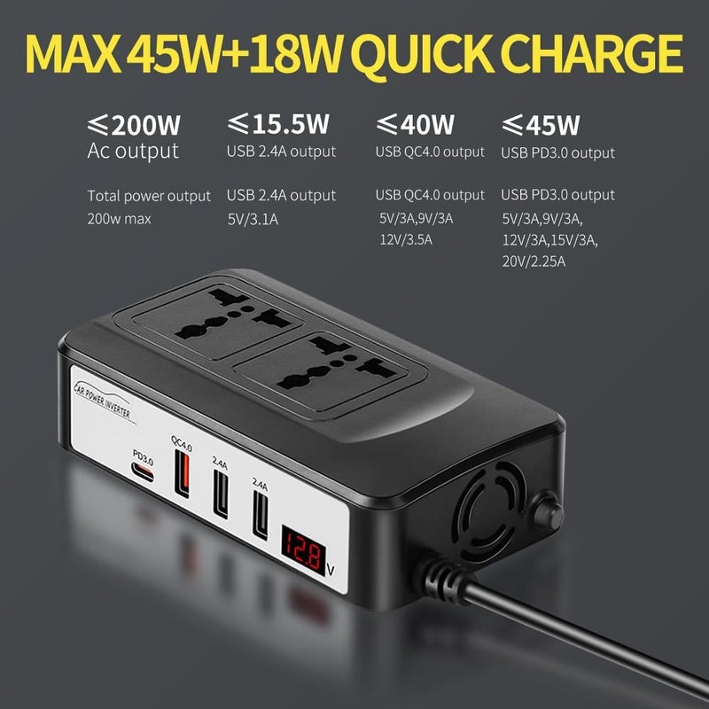 LOVNOV 200W Power Inverter, DC 12V to 220V 230V AC Car Charger Adapter, PD3.0 + QC 4.0 Fast Charging, 2 Universal Socket 2.4A USB Ports, Switch LCD Display - Image 2
