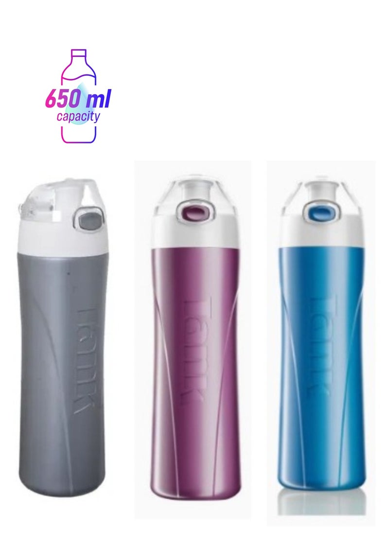 TANK 3-Piece Me Plastic Water Bottles Silver/Purple/blue 650ml 