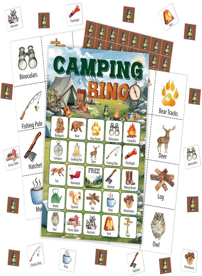 Mueddur Camping Bingo Card, Camping Games for Adults Family, Nature Themed Birthday Bingo Game, Outdoor Adventure Bingo Kit for Camping Party, Travel Bingo for 24 Players, Hike Field Trip Supplies -15 - Image 1