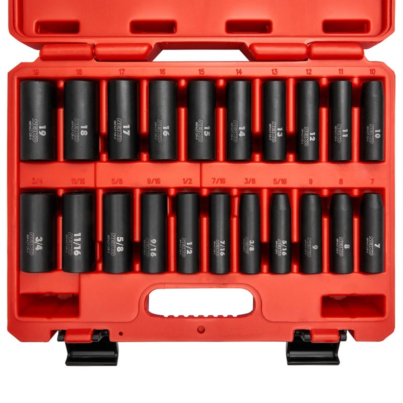 NEIKO 02431A 3/8â€ Drive SAE and Metric Deep Impact Socket Set | 21 Pieces | SAE 5/16â€ to 3/4â€ | Metric 7mm to 19mm | Premium Cr-V Steel | 6-Point Hex Design | Corrosion Resistant Coating - Image 1