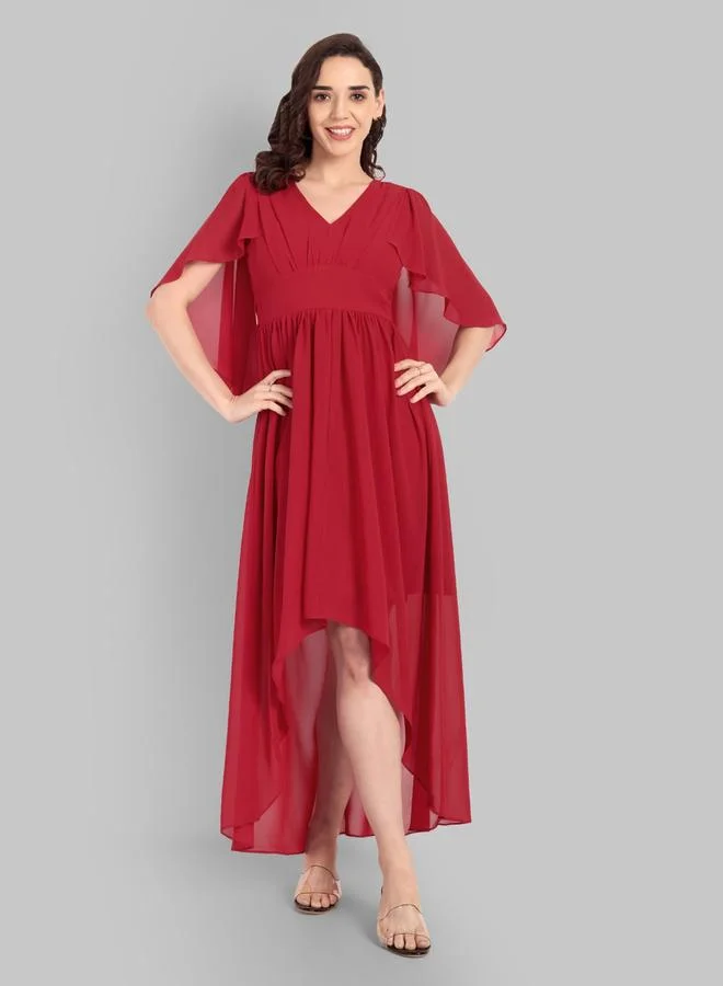 House Of Raeli Red A-Line Maxi Dress with Short Sleeves