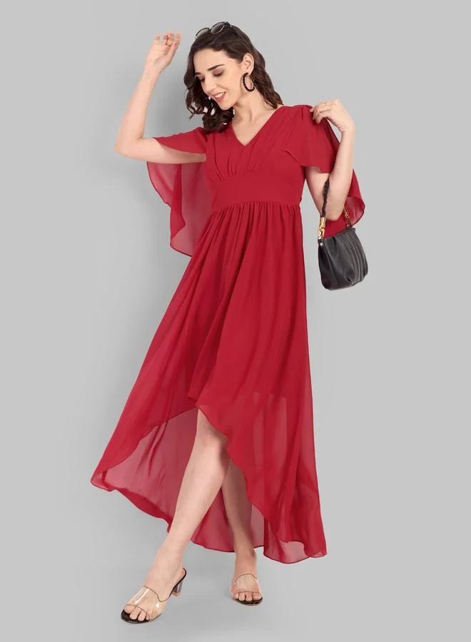 House Of Raeli Red A-Line Maxi Dress with Short Sleeves