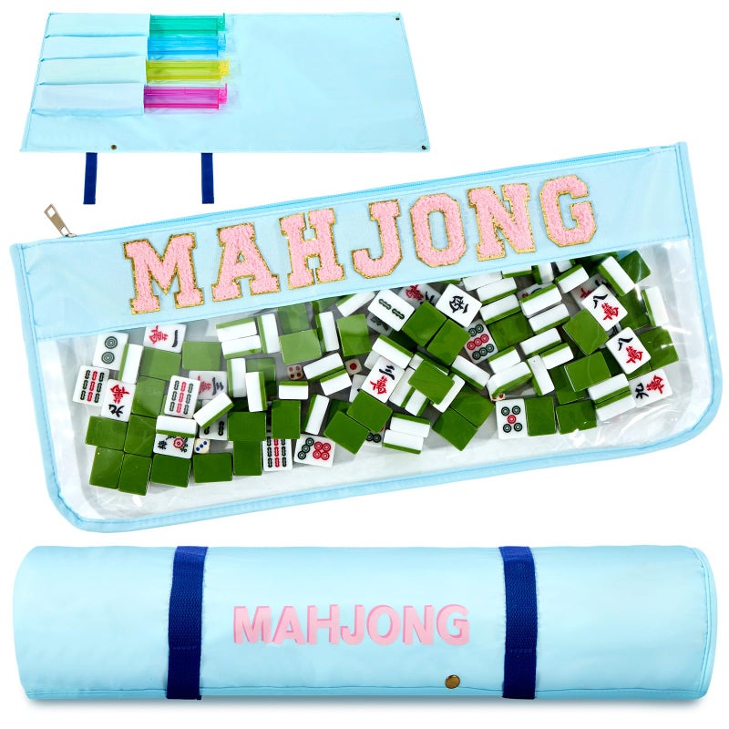 Yeyeplum 2 Pcs Mahjong Bags for Tiles and Racks Include Mahjong Tile Bag & Rack Bag, 37 Inch Protective Sleeve Tile Gift Accessory with Zipper & Letter for Mahj Pusher, Not Include Racks& Tiles(Blue) - Image 1