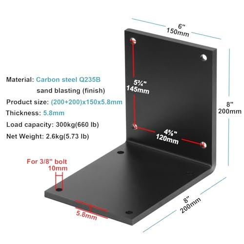 eoere 2 PCS 8" x 8" Heavy Duty Steel L Corner Brace for Wood, 90 Degree Countertop Support Fireplace Mantel Brackets, Thickness 7/32", Max Load 660 lbs - Image 2