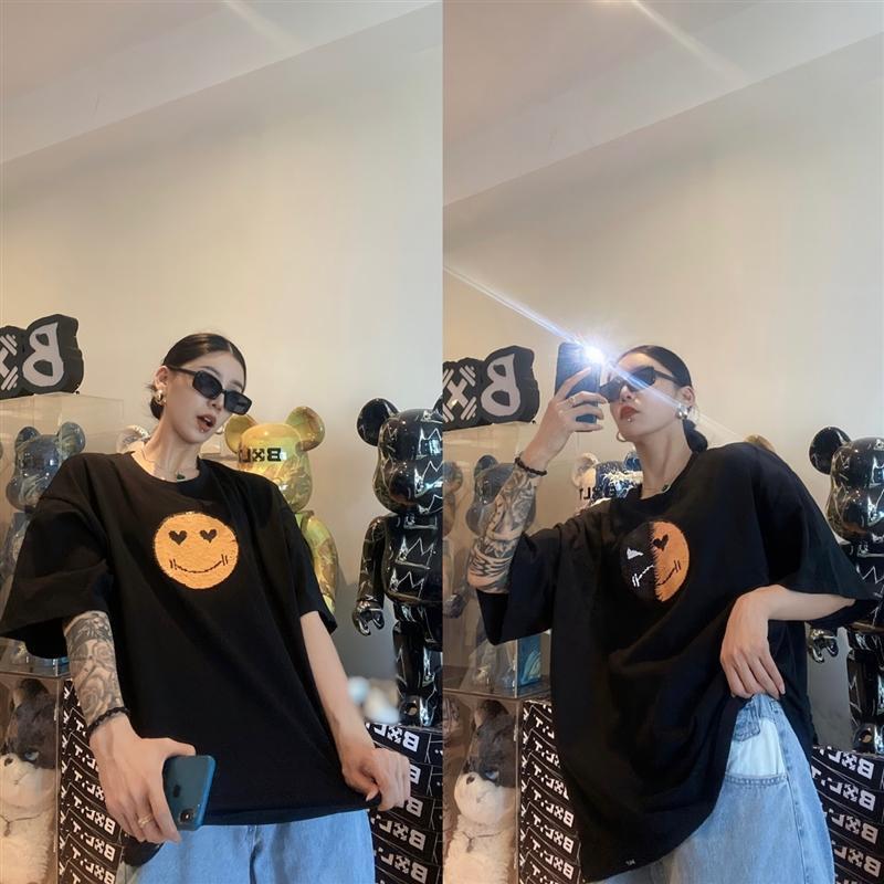 Smiley Face Color-Changing Bead Short-Sleeved Cotton T-Shirt Summer Wear Unisex Loose Round Neck Flip Sequin Fun Clothing White - Image 2