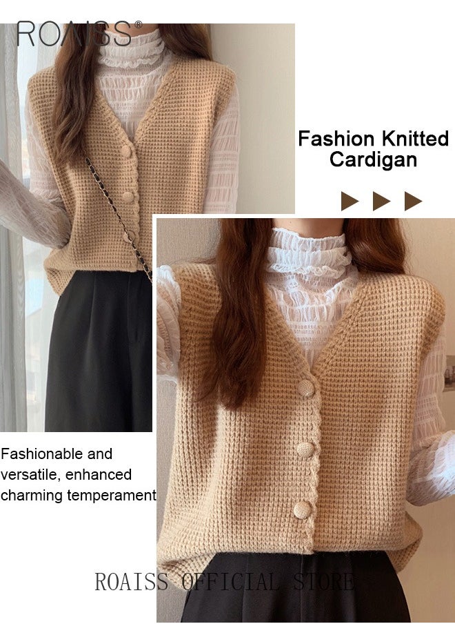 roaiss - Women Knitted Vest Short Length Open Front Sleeveless Cardigan with V Neck Design Loose Fit Fashionable and Versatile for School and Commuting - Image 1