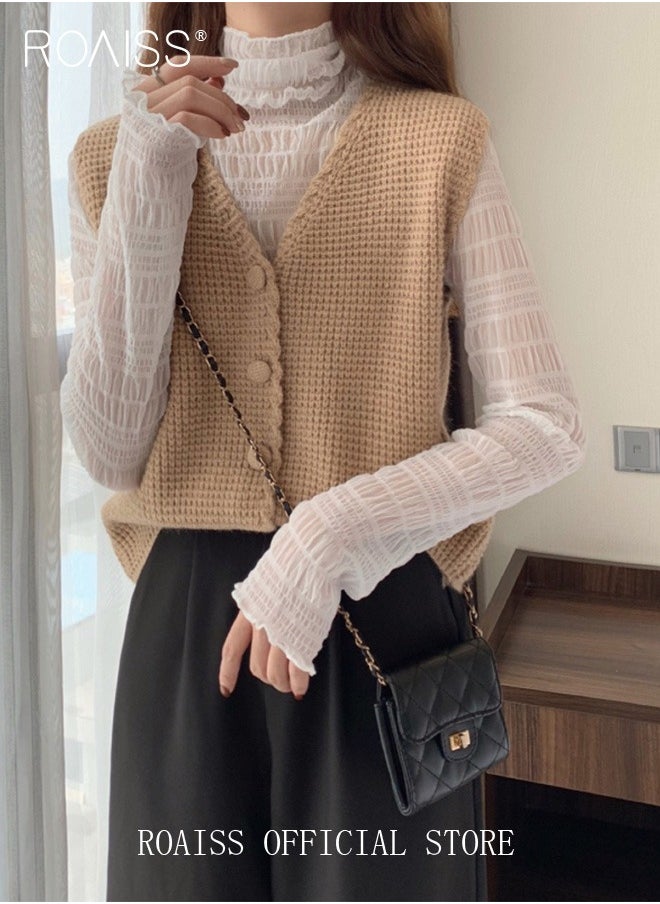 roaiss - Women Knitted Vest Short Length Open Front Sleeveless Cardigan with V Neck Design Loose Fit Fashionable and Versatile for School and Commuting - Image 1