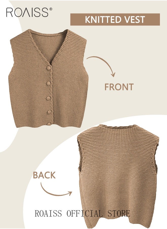 roaiss - Women Knitted Vest Short Length Open Front Sleeveless Cardigan with V Neck Design Loose Fit Fashionable and Versatile for School and Commuting - Image 1