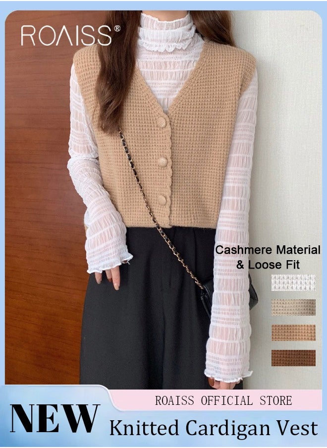 roaiss - Women Knitted Vest Short Length Open Front Sleeveless Cardigan with V Neck Design Loose Fit Fashionable and Versatile for School and Commuting - Image 1
