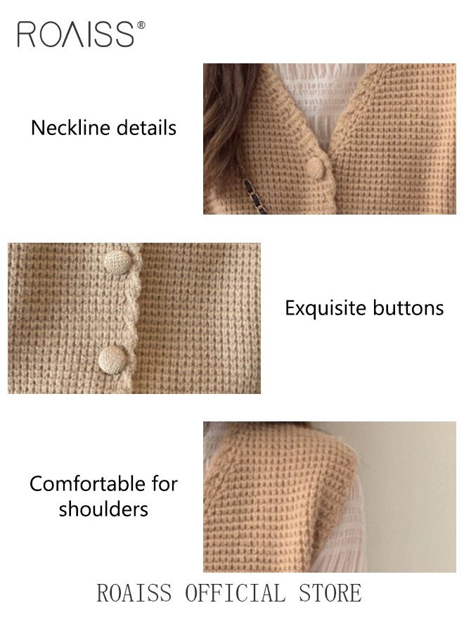 roaiss - Women Knitted Vest Short Length Open Front Sleeveless Cardigan with V Neck Design Loose Fit Fashionable and Versatile for School and Commuting - Image 1