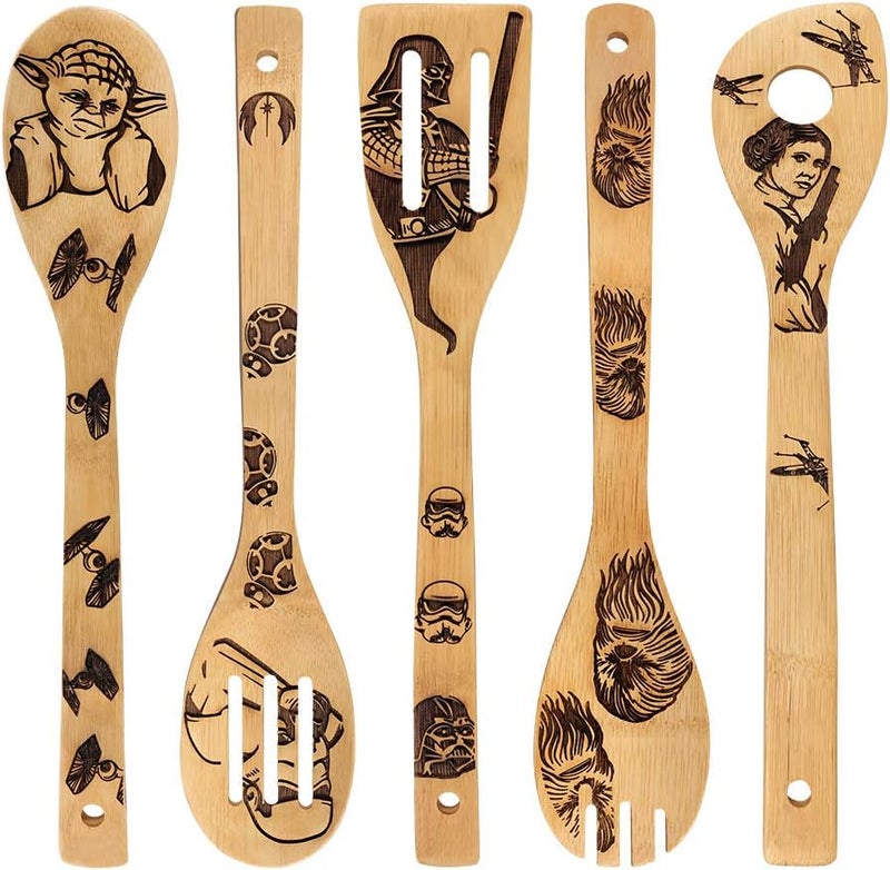 HYGNN Star War Burned Wooden Spoons Utensil Set Gift Idea Cooking Serving Utensils Natural Bamboo Kitchen House Warming Presents Slotted Spoon 5 Piece - Image 1
