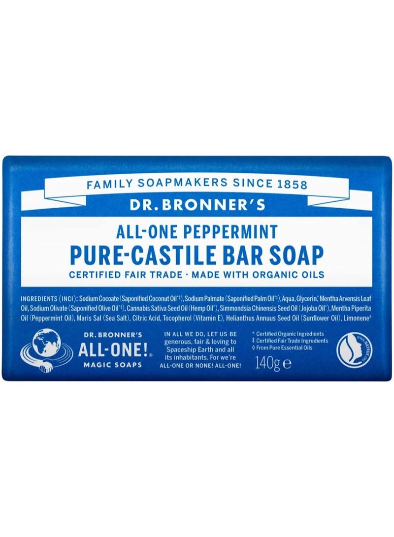 Dr. Bronner's All-One Pure-Castile Bar Soap Peppermint 140g - Image 1