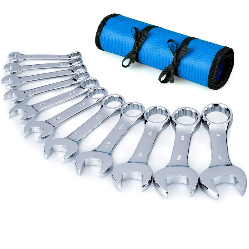 Premium Stubby Combination Wrench Set with Rollup Pouch 11Piece SAE 38 to 1 No Skipped Inch Size CrV Steel Mirror Polished Finish Short Length and Slim Body Perfect for Confined Areas