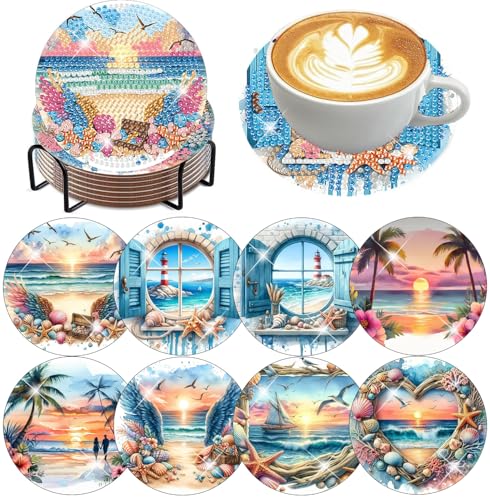 mrpwnle 8 Pack Diamond Art Coasters Kits-Beach Scenery Diamond Painting Coasters Kit Set with Holder Cork Pads, DIY Diamonds Art Non Slip Coaster Crafts Kits for Adults Beginners Gifts - Image 1