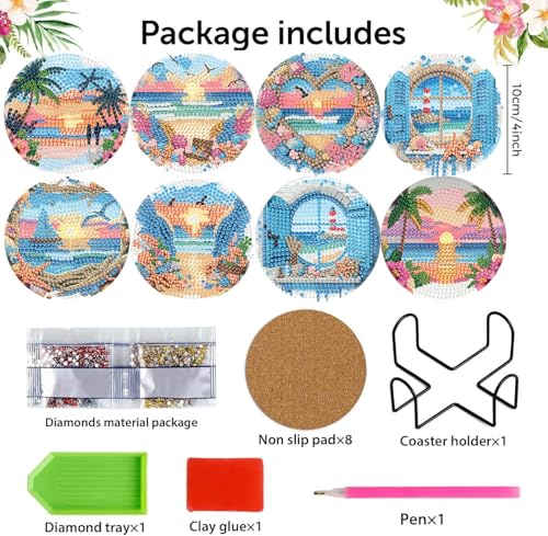 mrpwnle 8 Pack Diamond Art Coasters Kits-Beach Scenery Diamond Painting Coasters Kit Set with Holder Cork Pads, DIY Diamonds Art Non Slip Coaster Crafts Kits for Adults Beginners Gifts - Image 2