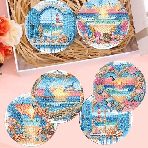 mrpwnle 8 Pack Diamond Art Coasters Kits-Beach Scenery Diamond Painting Coasters Kit Set with Holder Cork Pads, DIY Diamonds Art Non Slip Coaster Crafts Kits for Adults Beginners Gifts - Image 4