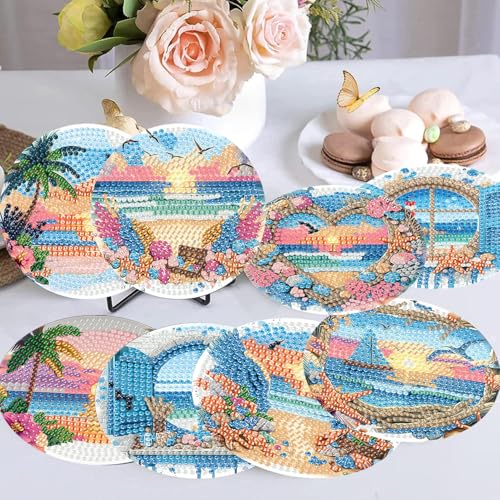 mrpwnle 8 Pack Diamond Art Coasters Kits-Beach Scenery Diamond Painting Coasters Kit Set with Holder Cork Pads, DIY Diamonds Art Non Slip Coaster Crafts Kits for Adults Beginners Gifts - Image 3