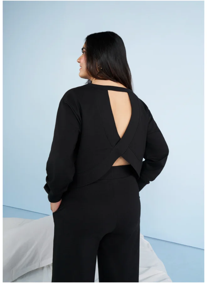 NeceSera Black Bamboo Terry Open Back Sweatshirt