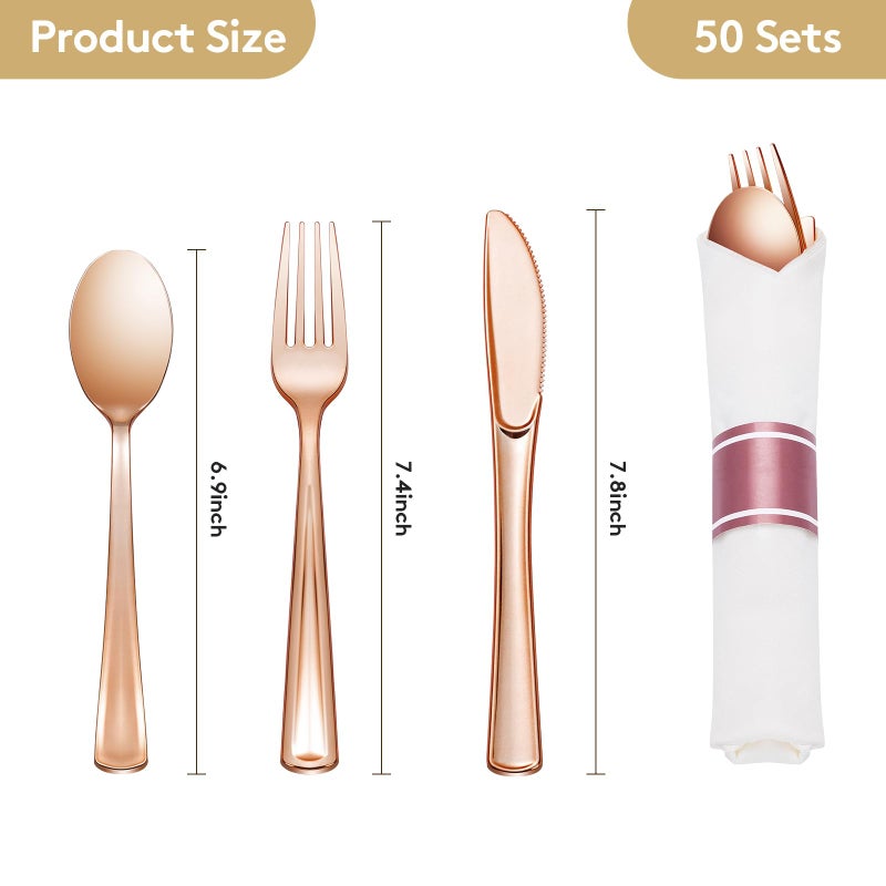 Goodluck 50 Pack Pre Rolled Rose Gold Plastic Silverware  Wrapped Plastic Cutlery Set with Napkin Include 50 Forks  50 Knives  50 Spoons and 50 Napkins  Fancy Disposable Silverware for Party  Wedding - Image 2