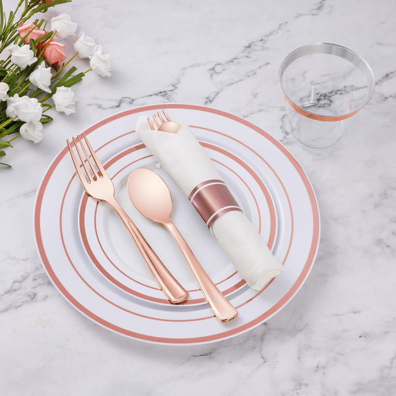 Goodluck 50 Pack Pre Rolled Rose Gold Plastic Silverware  Wrapped Plastic Cutlery Set with Napkin Include 50 Forks  50 Knives  50 Spoons and 50 Napkins  Fancy Disposable Silverware for Party  Wedding - Image 1