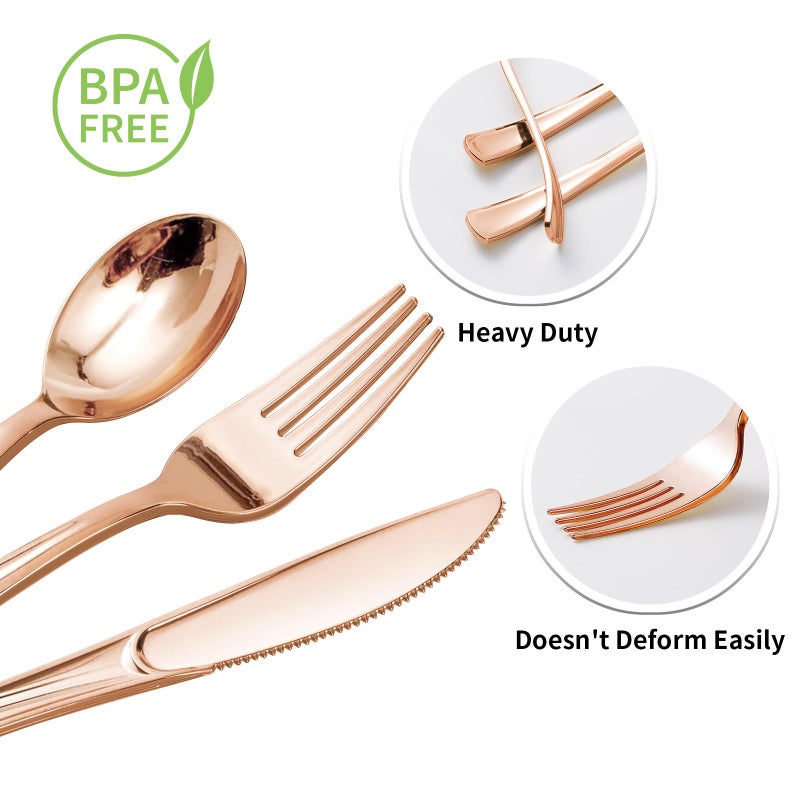 Goodluck 50 Pack Pre Rolled Rose Gold Plastic Silverware  Wrapped Plastic Cutlery Set with Napkin Include 50 Forks  50 Knives  50 Spoons and 50 Napkins  Fancy Disposable Silverware for Party  Wedding - Image 3