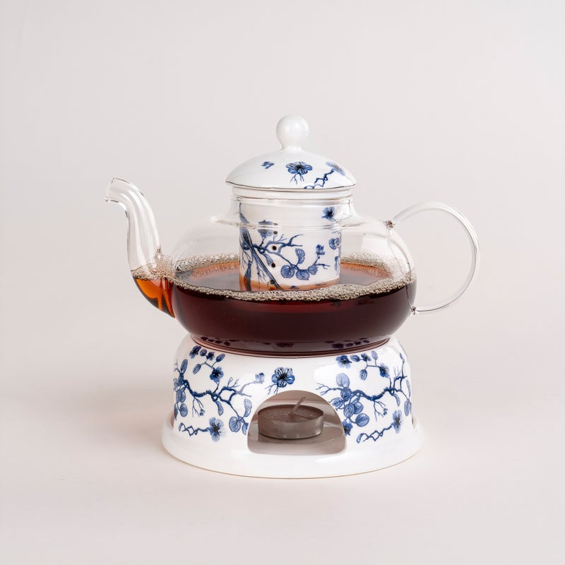 دلتي إبريق شاي وسخان بورسلان أبيض وزجاج من لاميسا - Image 2