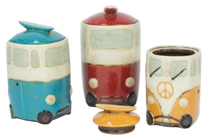 CERAMIC VAN CANISTERS WITH SURFBOARD HANDLES SET OF 3 ONE SIZE MULTICOLORED