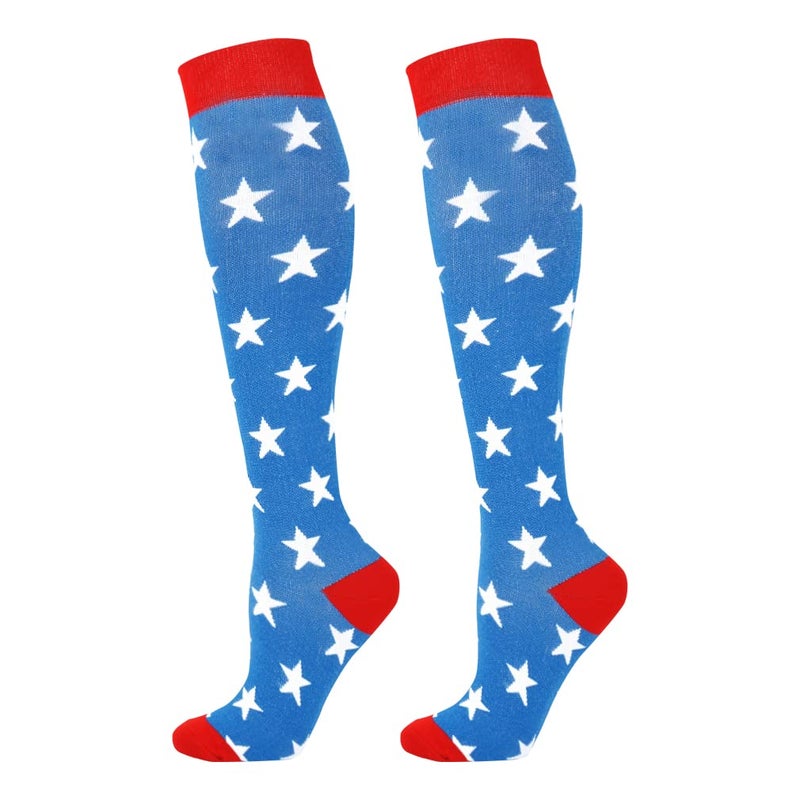 Junely American flag Compression Socks for Women 20-30 mmhg Knee High Patriotic Socks for Running Athletic Nurses Pregnant Women Work Support Travel Flight Sports Blue - Image 1
