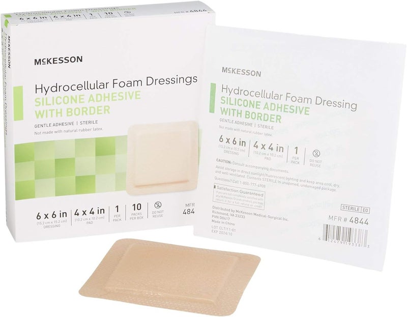 McKesson Hydrocellular Foam Dressings, Sterile, Silicone Adhesive with Border, Dimension 6 in x 6 in, Pad 4 in x 4 in, 10 Count, 1 Pack