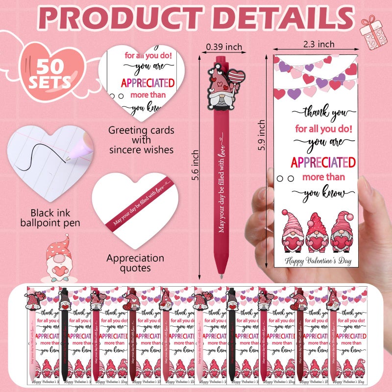 Resurhang 50 Sets 50 Sets Valentines Appreciation Ballpoint Pen Gifts Set Motivational Pens with Valentine Greeting Thank You Cards and Ties for Coworkers Employee Office Party Favor (Gnome) - Image 3