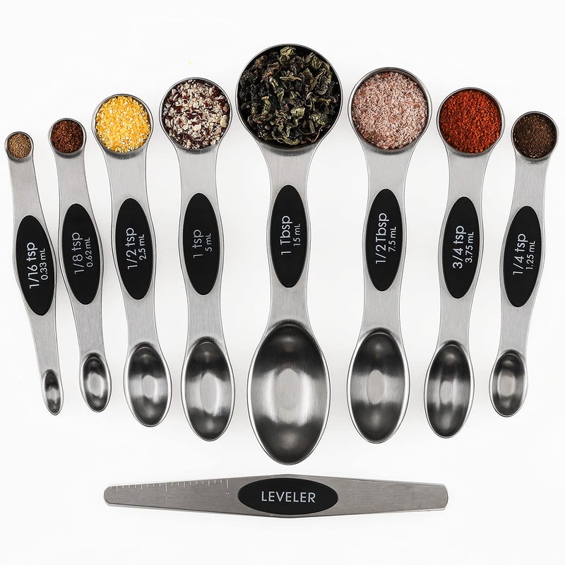 Magnetic Measuring Spoons Set of 9 Stainless Steel Stackable Dual Sided Teaspoon Tablespoon for Measuring Dry and Liquid Ingredients Fits in Spice Jars
