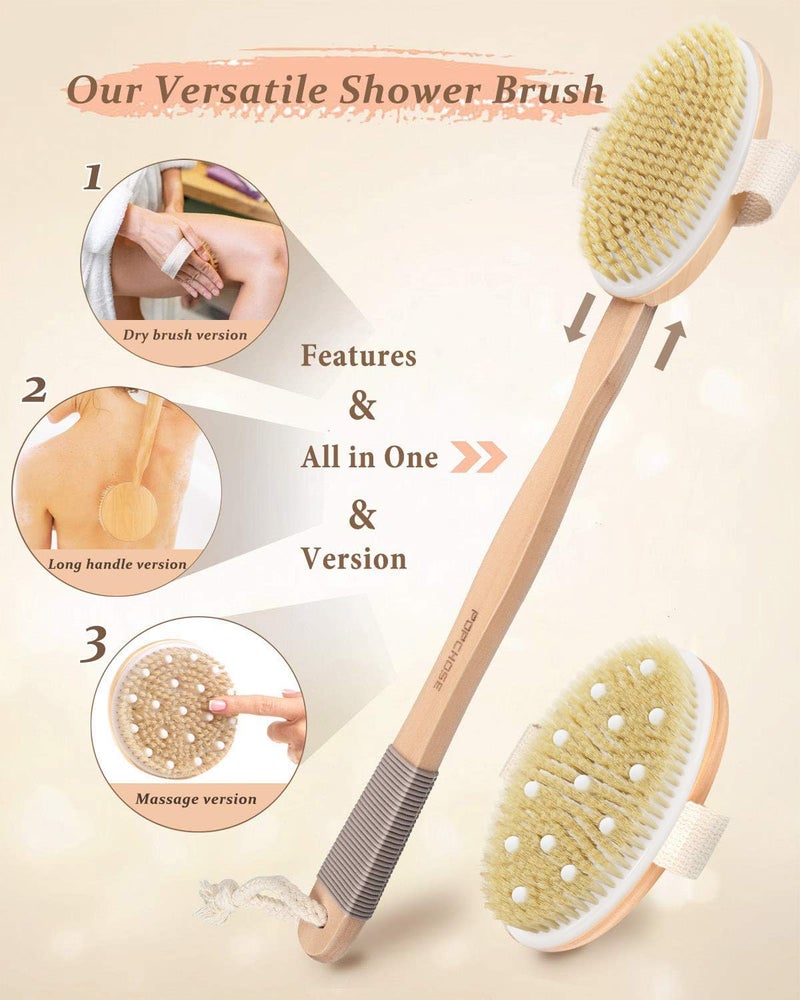 POPCHOSE Dry Brushing Body Brush, POPCHOSE Body Scrubber for Men Women, Back Scrubber for Shower, Natural Bristle Exfoliator Scrubber for Body Cellulite and Lymphatic, Long Handle, Detachable, Dual Brush Heads - Image 2