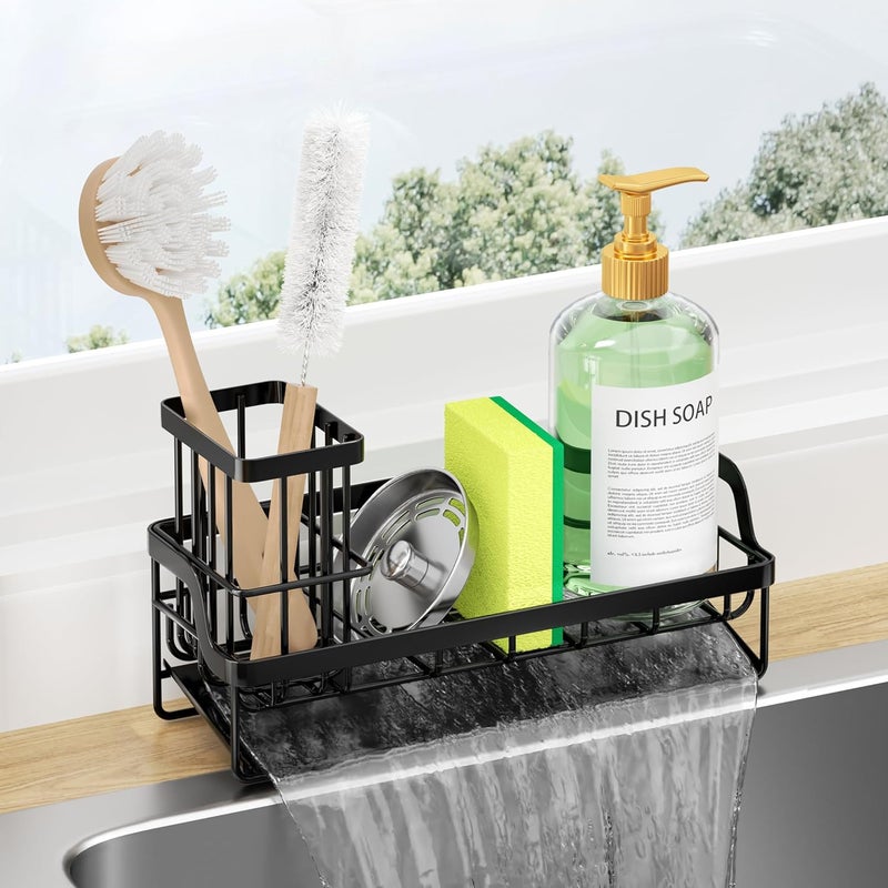 Consumest Sponge Holder for Kitchen Sink - Sink Caddy with Stainless Steel Self Drain Tray, Sink Organizer with High Brush Holder Countertop for Kitchen Sink Accessories, Black - Image 1