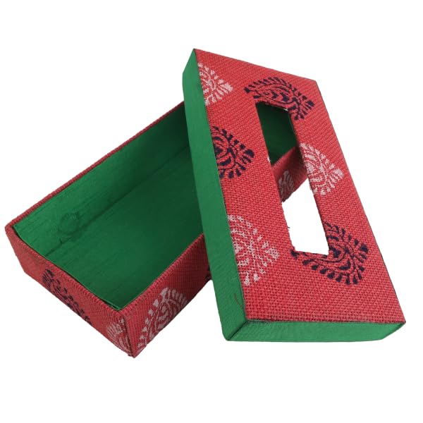 INDHA Tissue Box Jute Block Printed | Designer Hand Block Printed Tissue Box | Block Printed Design Tissue Box | Home Utility | Car Utility | Handmade | Gifting | Red Tissue Box | - Image 4