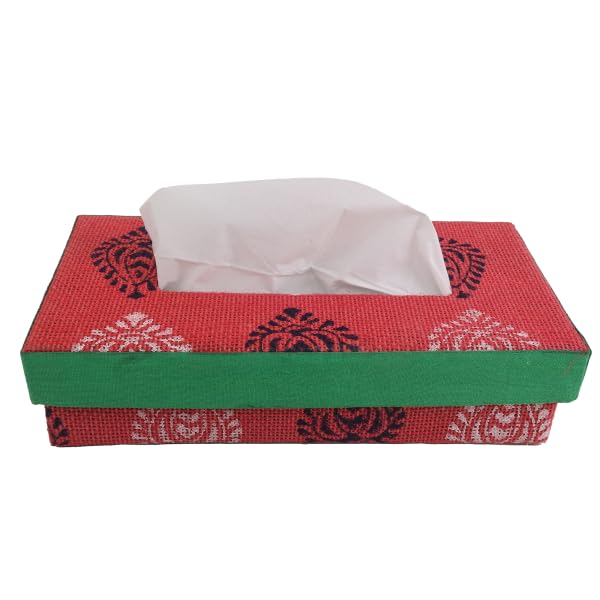 INDHA Tissue Box Jute Block Printed | Designer Hand Block Printed Tissue Box | Block Printed Design Tissue Box | Home Utility | Car Utility | Handmade | Gifting | Red Tissue Box | - Image 2