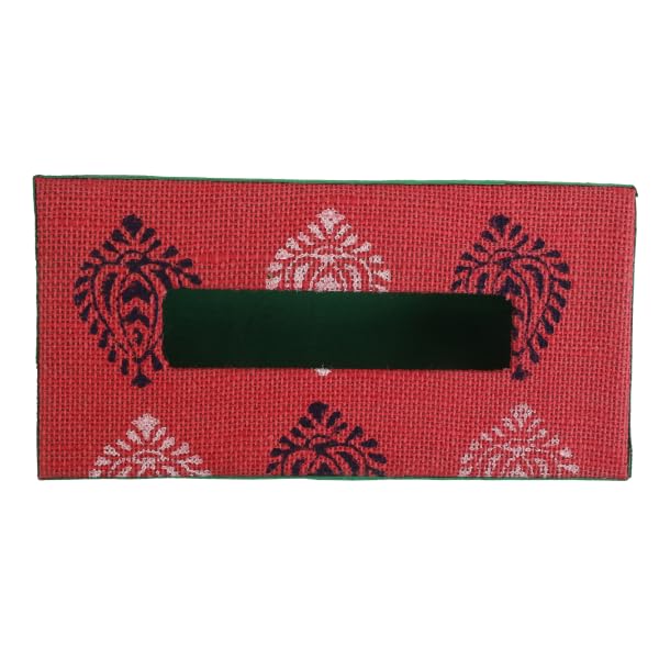 INDHA Tissue Box Jute Block Printed | Designer Hand Block Printed Tissue Box | Block Printed Design Tissue Box | Home Utility | Car Utility | Handmade | Gifting | Red Tissue Box | - Image 3